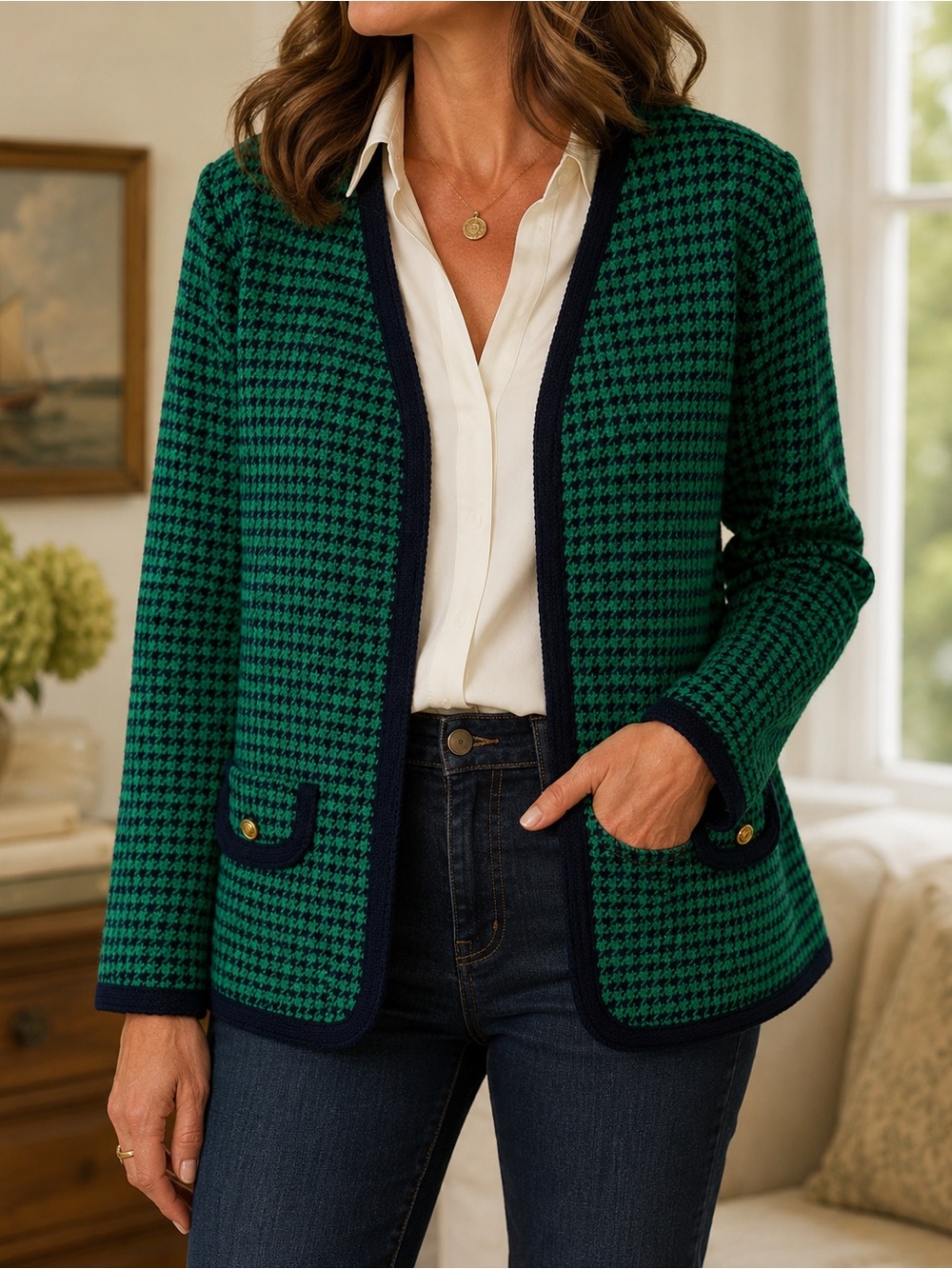 Green Houndstooth Cardigan Blazer Navy Trim Gold Buttons Size 14